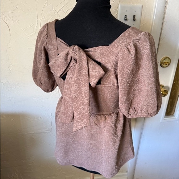 Versona Brown Mocha Mousse Puff Sleeve Peplum Blouse - Picture 2 of 4